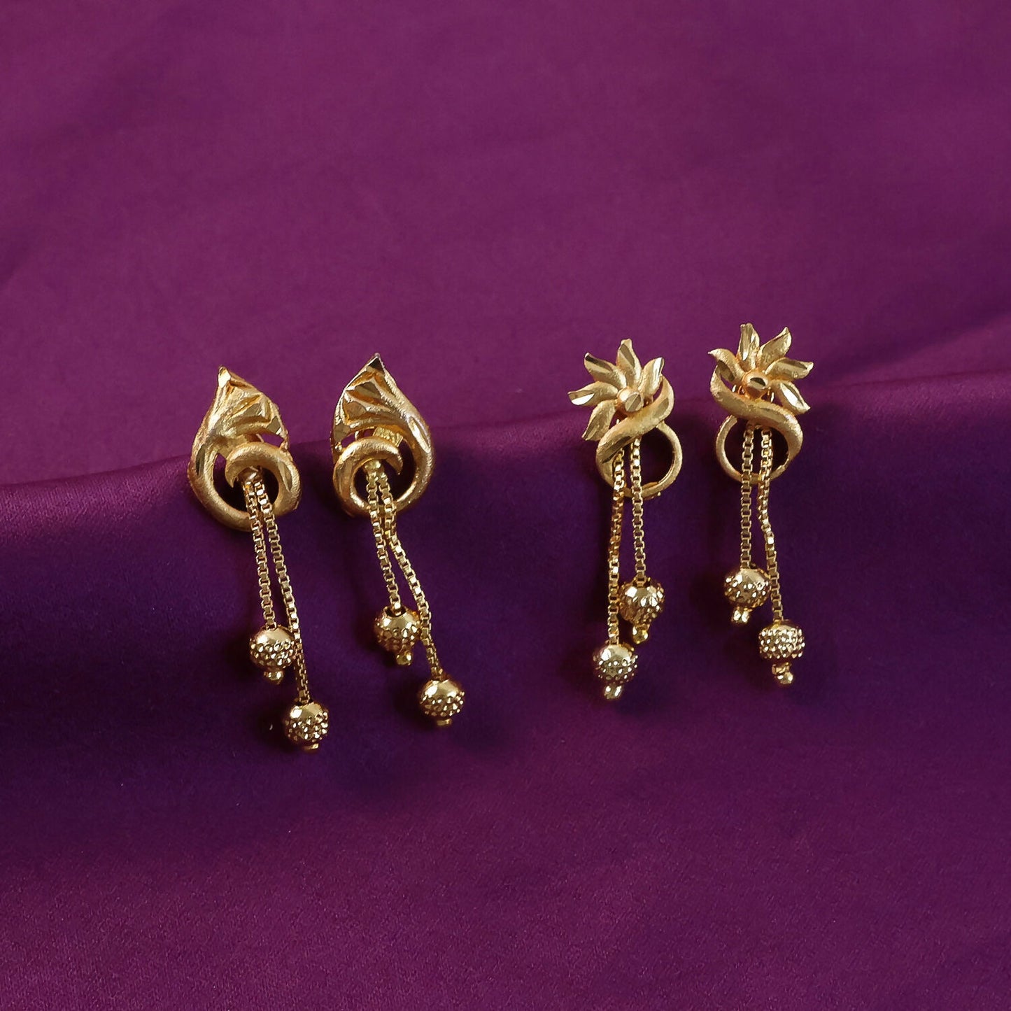 Graceful Flower Crown Gold Dangle Earrings with Bead Drops and Chains (2 Pair)