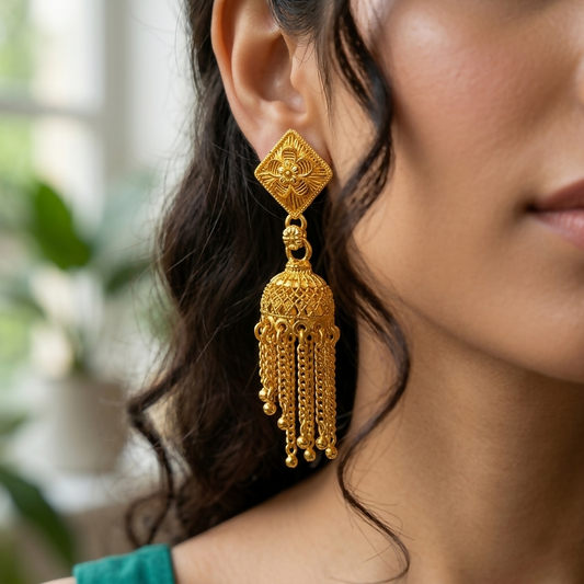 Elegant gold tone jhumki earrings with traditional detailing