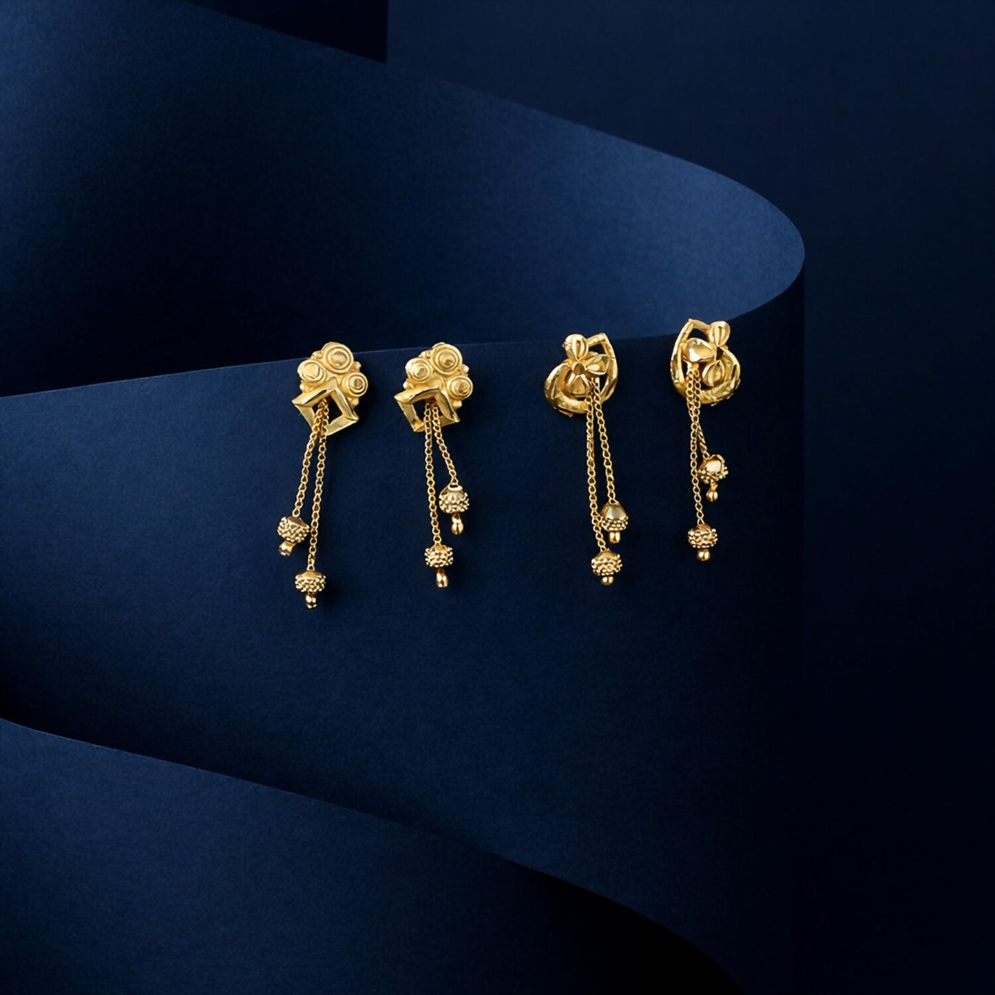 Premium Gold Earrings Combo Set with Floral Tops and Chain Tassel Drops (2 Pair)