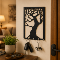 Tree Design Black Key Holder Wall Mounted Cutout Frame Key Hanging Stand for Home
