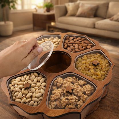 Close-up of assorted dry fruits inside wooden storage box compartments