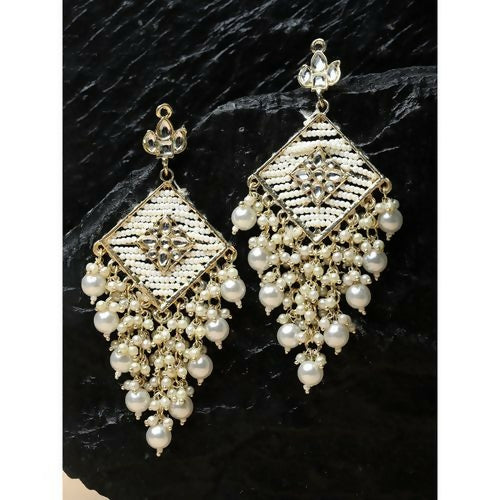 Elegant Silver-Toned Kundan Chandelier Earrings with Traditional Pearl Jhumka Drops