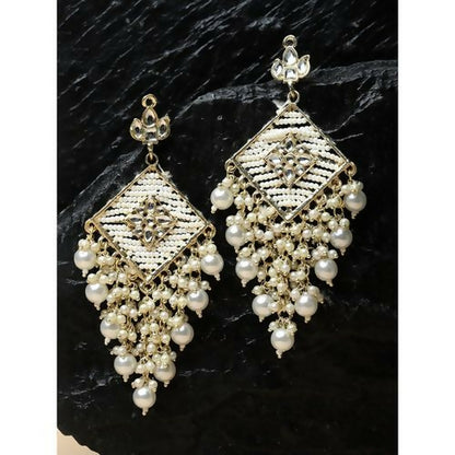 Elegant Silver-Toned Kundan Chandelier Earrings with Traditional Pearl Jhumka Drops