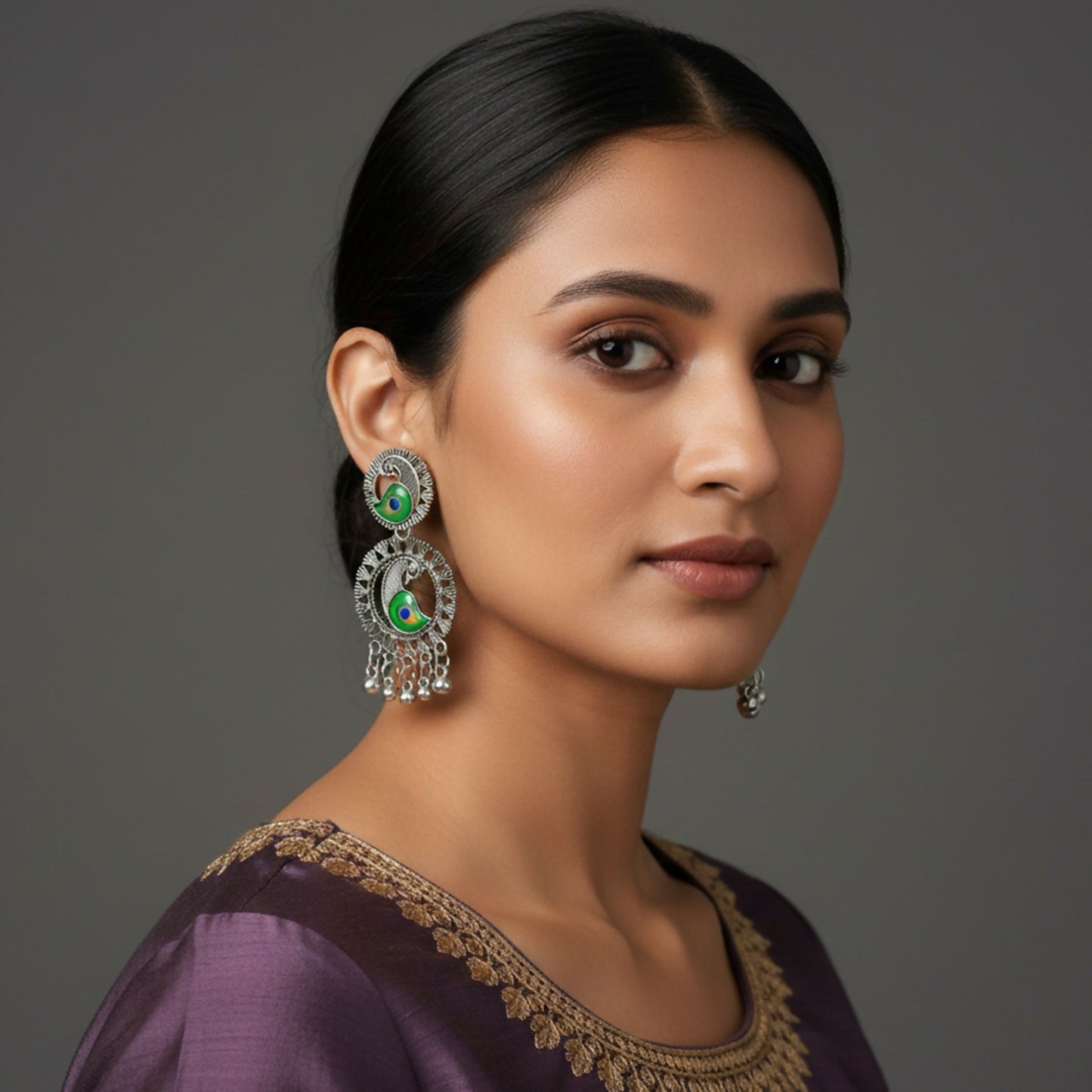 Oxidised Silver Peacock Motif Drop Jhumka Earings