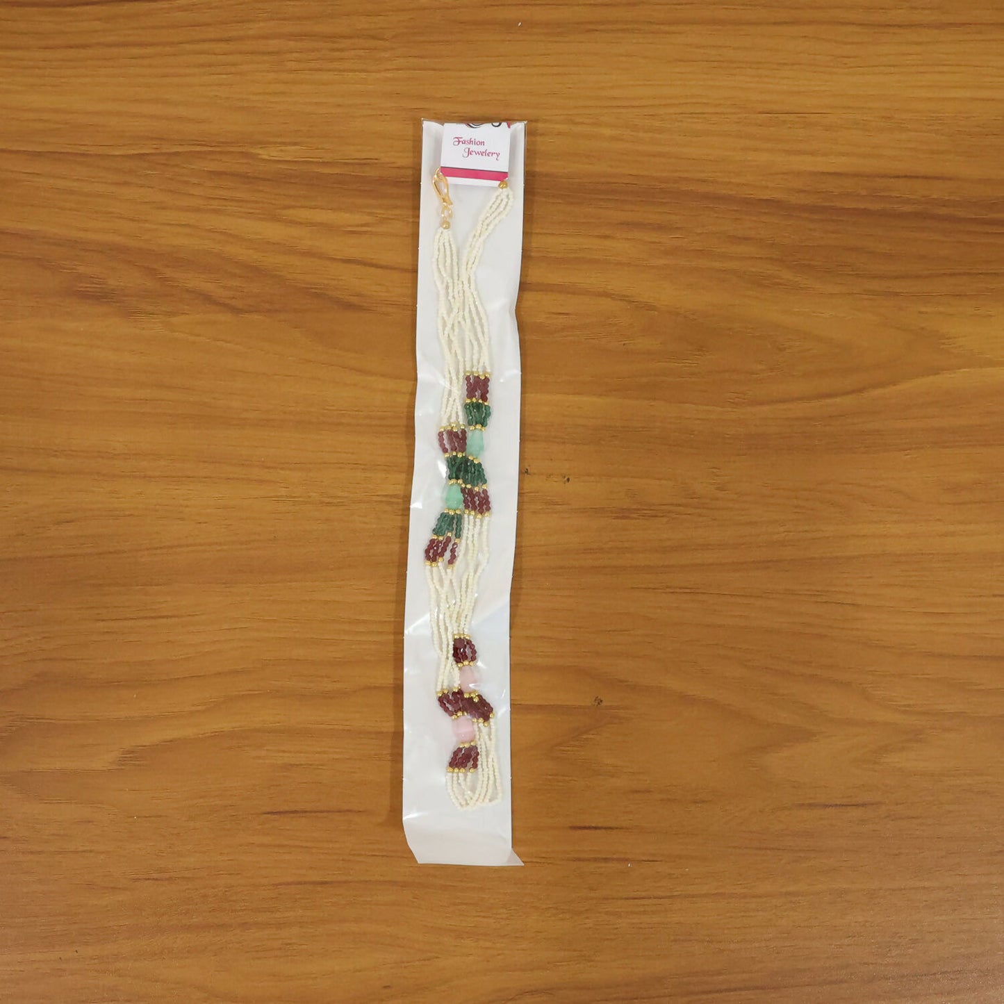 Elegant Multi-Layer Pearl Beaded Necklace with Red, Green & Pastel Stone Accents