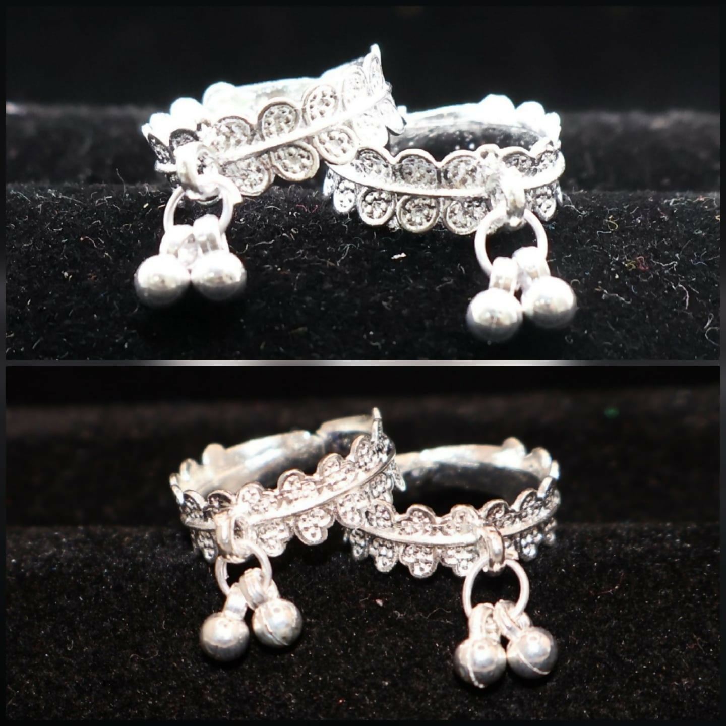 Set of two silver plated filigree toe rings with hanging ghungroo charms for women and girls