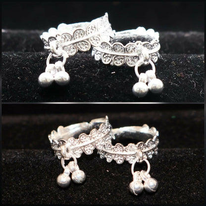 Set of two silver plated filigree toe rings with hanging ghungroo charms for women and girls
