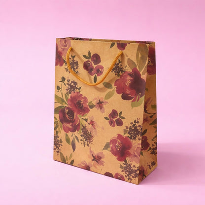 Small Floral Kraft Paper Gift Bags with Rope Handles Set of 4
