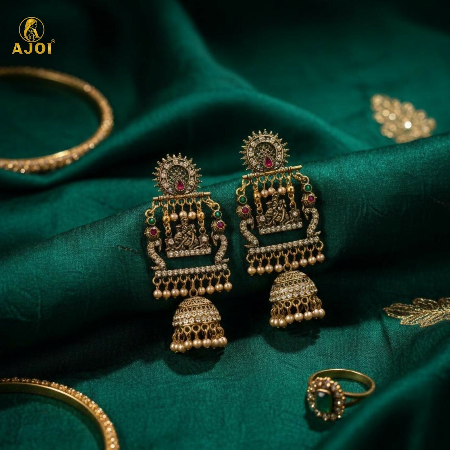 Antique Gold Finish Radha-Krishna Temple Jhumka Earring