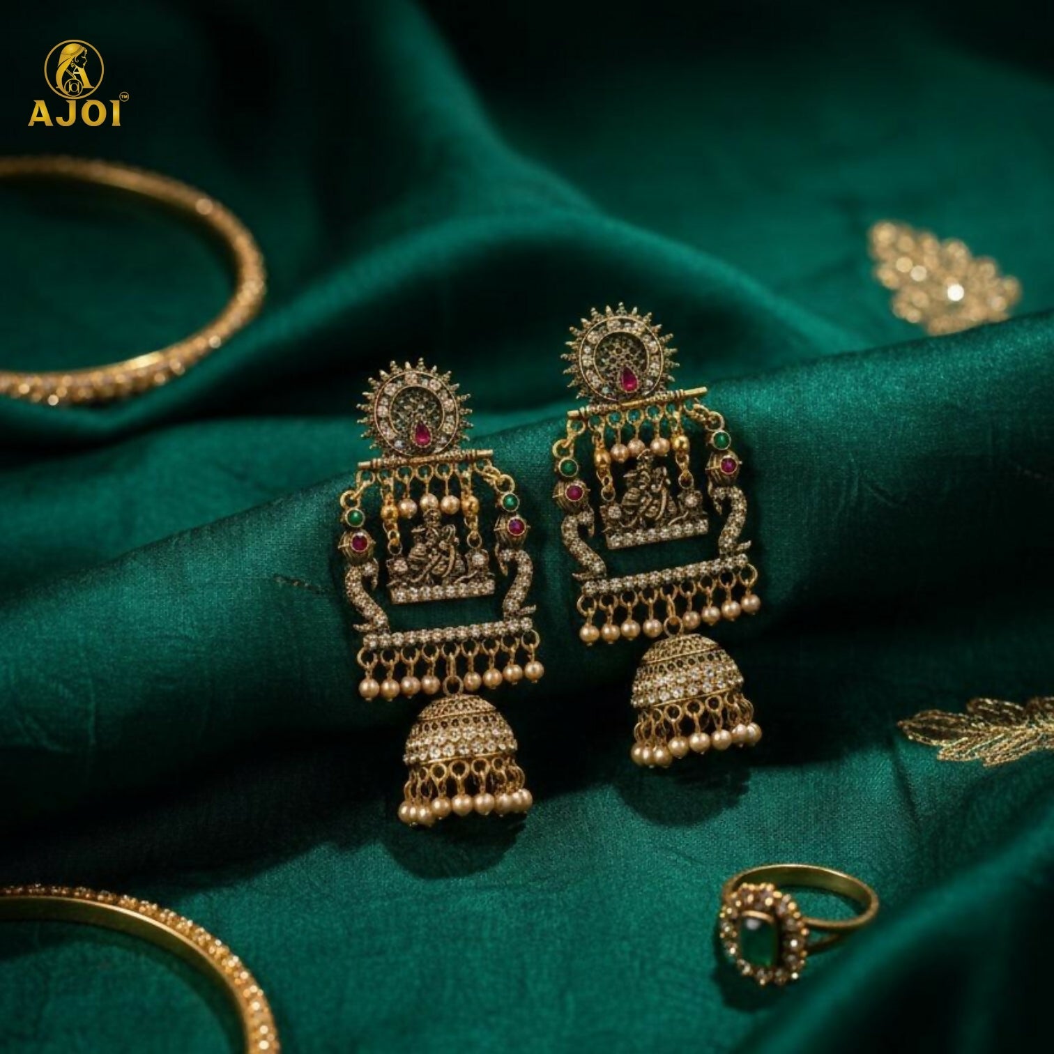 Antique Gold Finish Radha-Krishna Temple Jhumka Earring