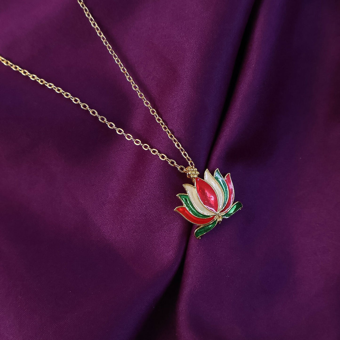 Traditional Lotus Flower Design Pendant Necklace with Chain for Women