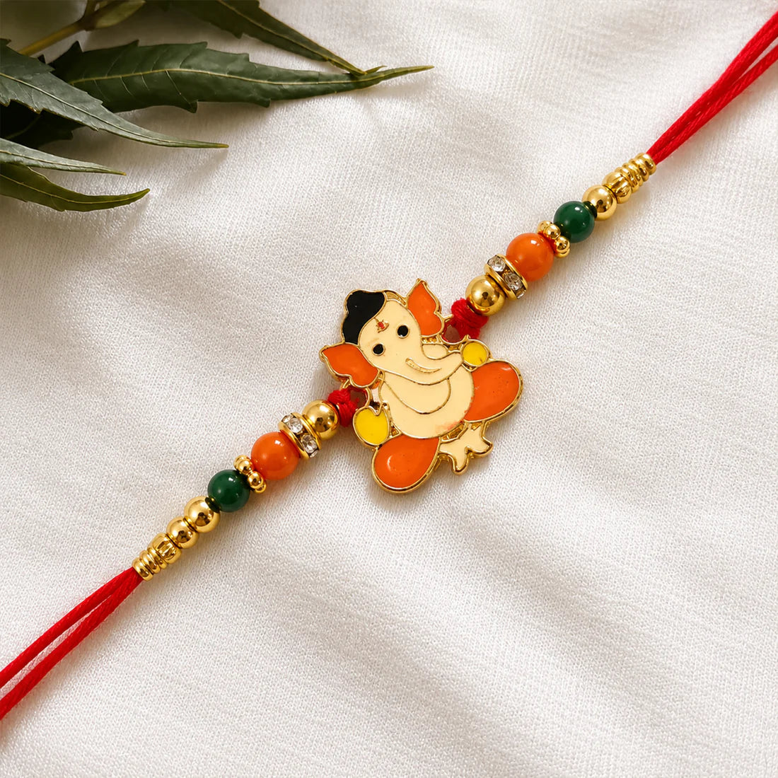 Bal Ganesha Rakhi Vibrant Orange-Green Beads & Red Thread (5pcs)