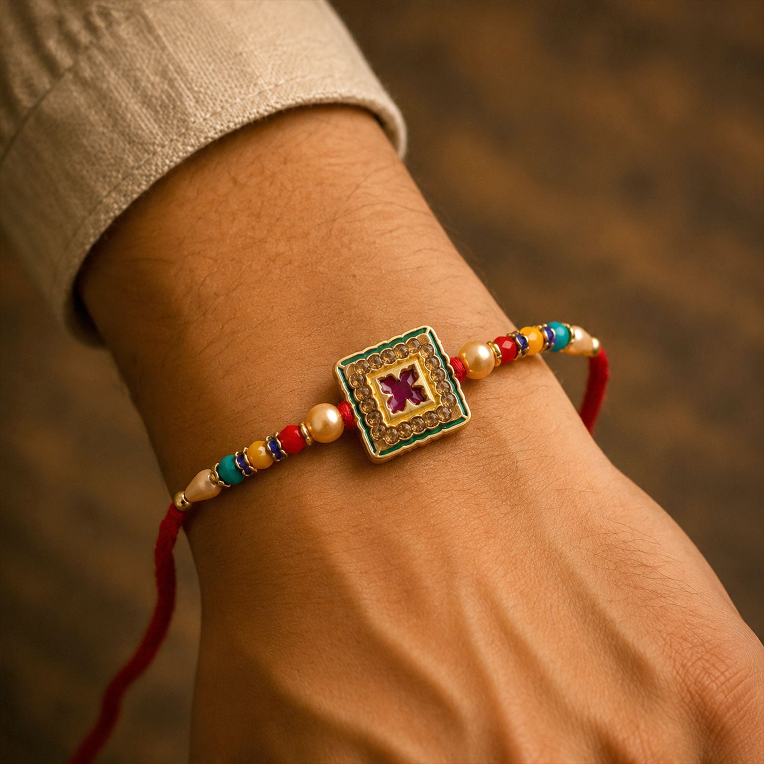 Antique Meenakari Floral Designer Rakhi for Brother, Multicolour Beads