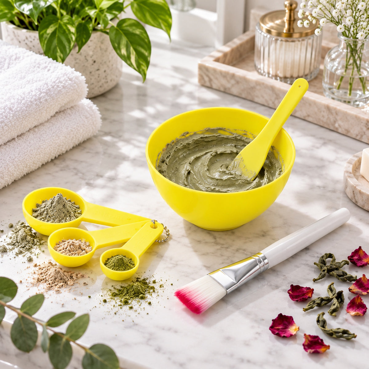 A yellow mixing bowl with a green face mask, a spatula, measuring spoons, and a brush on a marble counter.