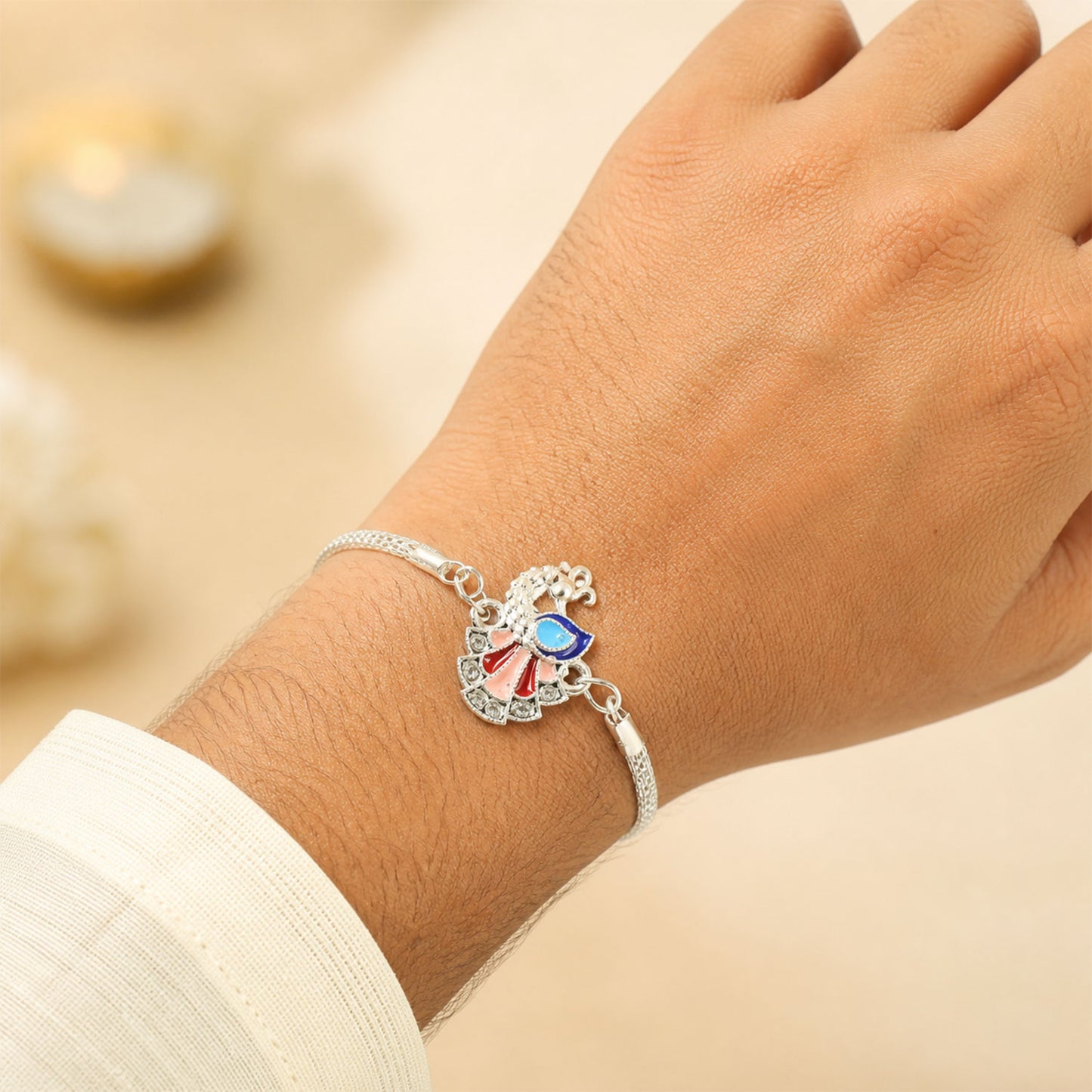 Stylish Peacock Enamel Crystal Studded Silver Chain Designer Rakhi