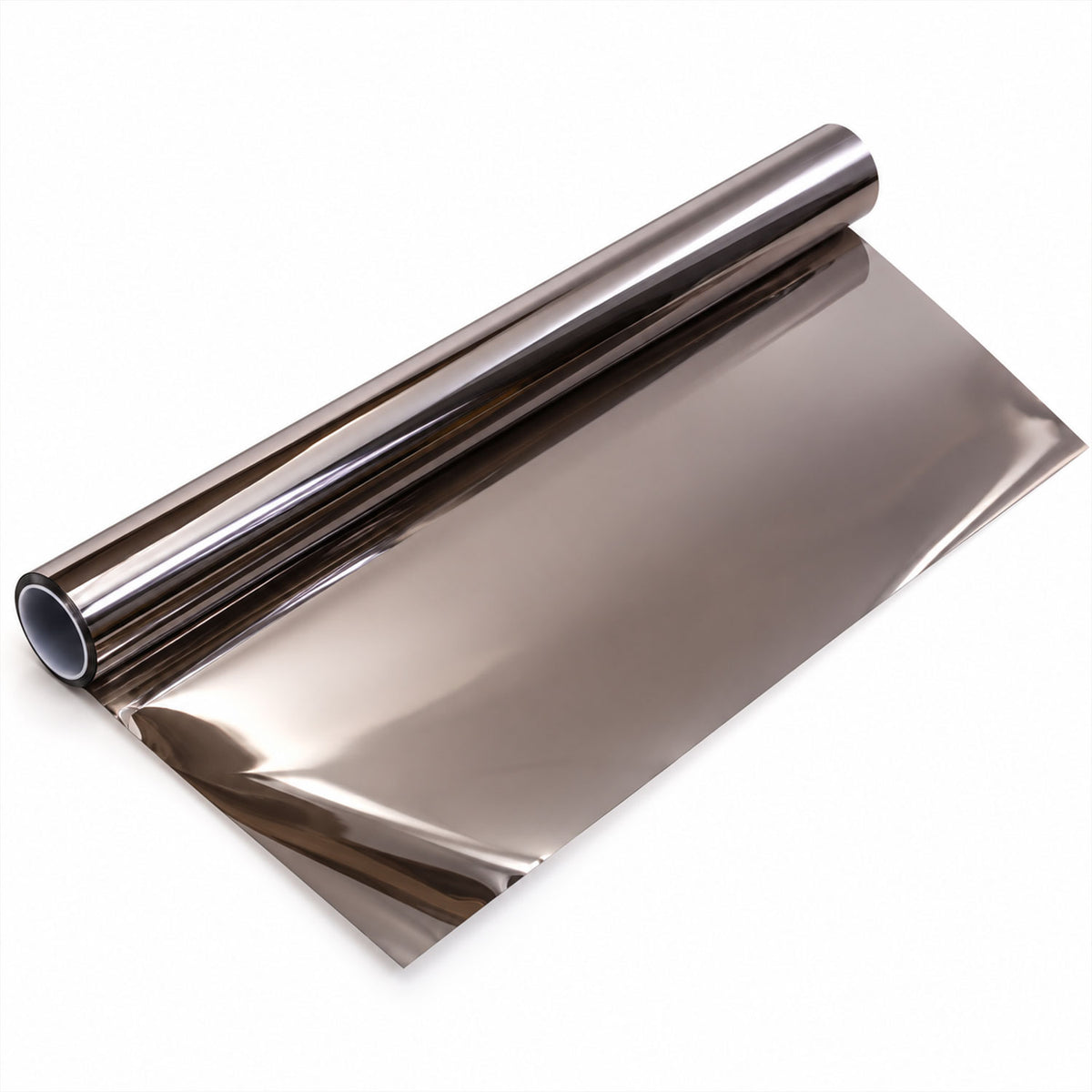 A roll of shiny, dark brown reflective window film partially unrolled on a plain white surface.