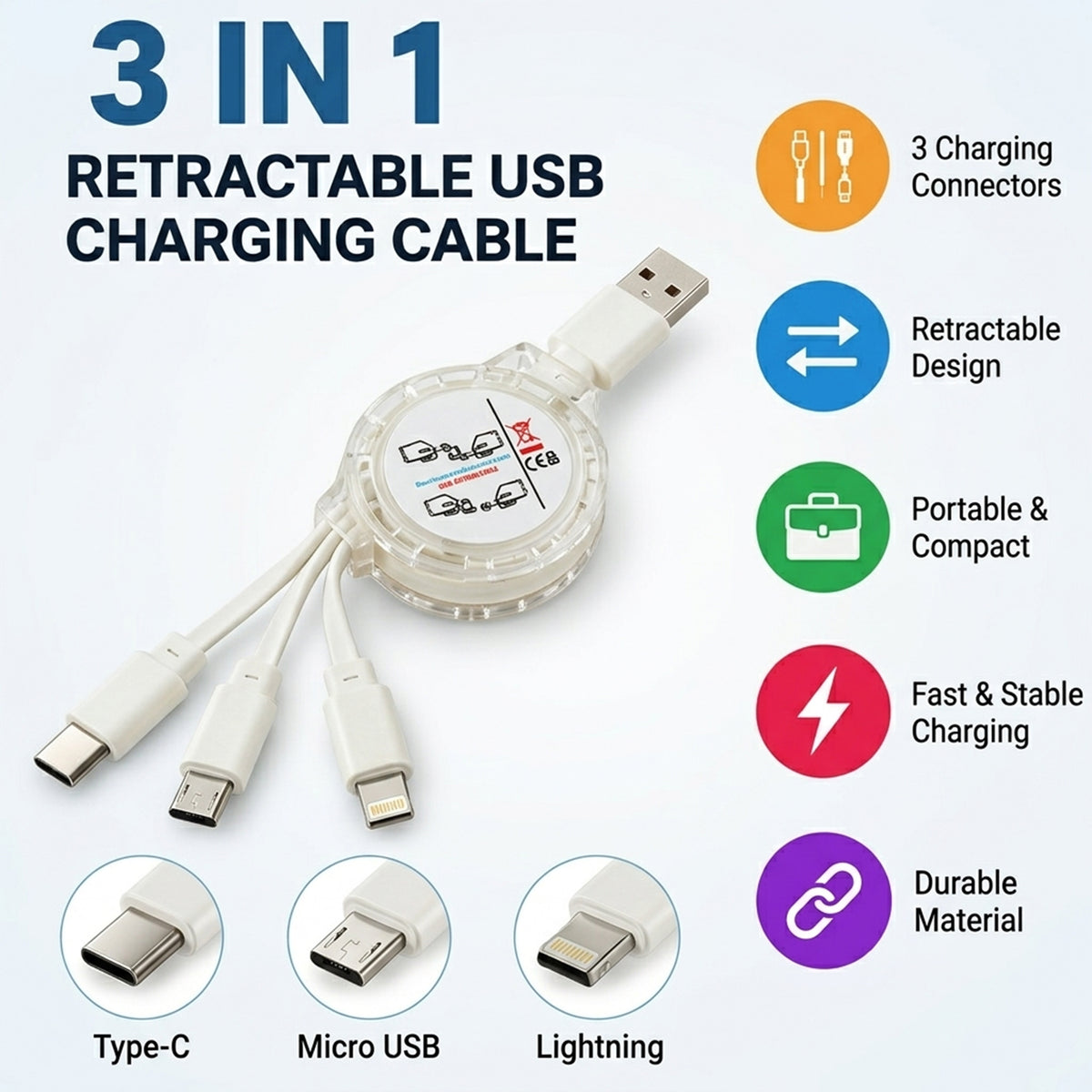 Retractable USB Charging Cable with Type-C, Micro USB and Lightning (3 in 1)