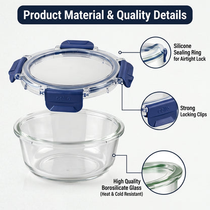 Cello 400ml Round Glass Food Storage Container with Smart Lock Lid (1 Pc)