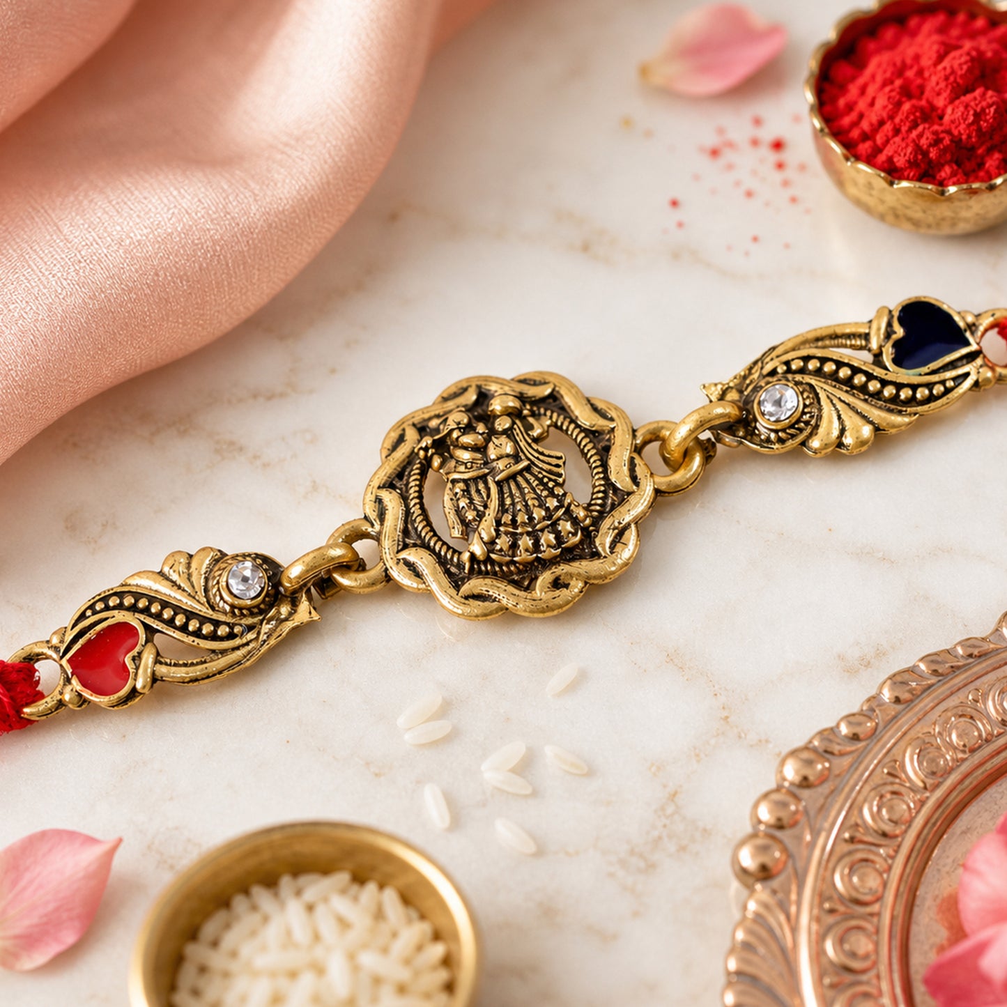 Antique Gold-Toned Radha Krishna Rakhi with Crystal Accents, Enamel Hearts & Red Thread