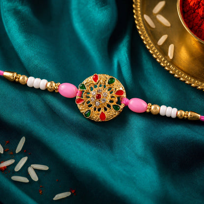 Round Floral Kundan Rakhi with Beads for Raksha Bandhan Special (5pcs)