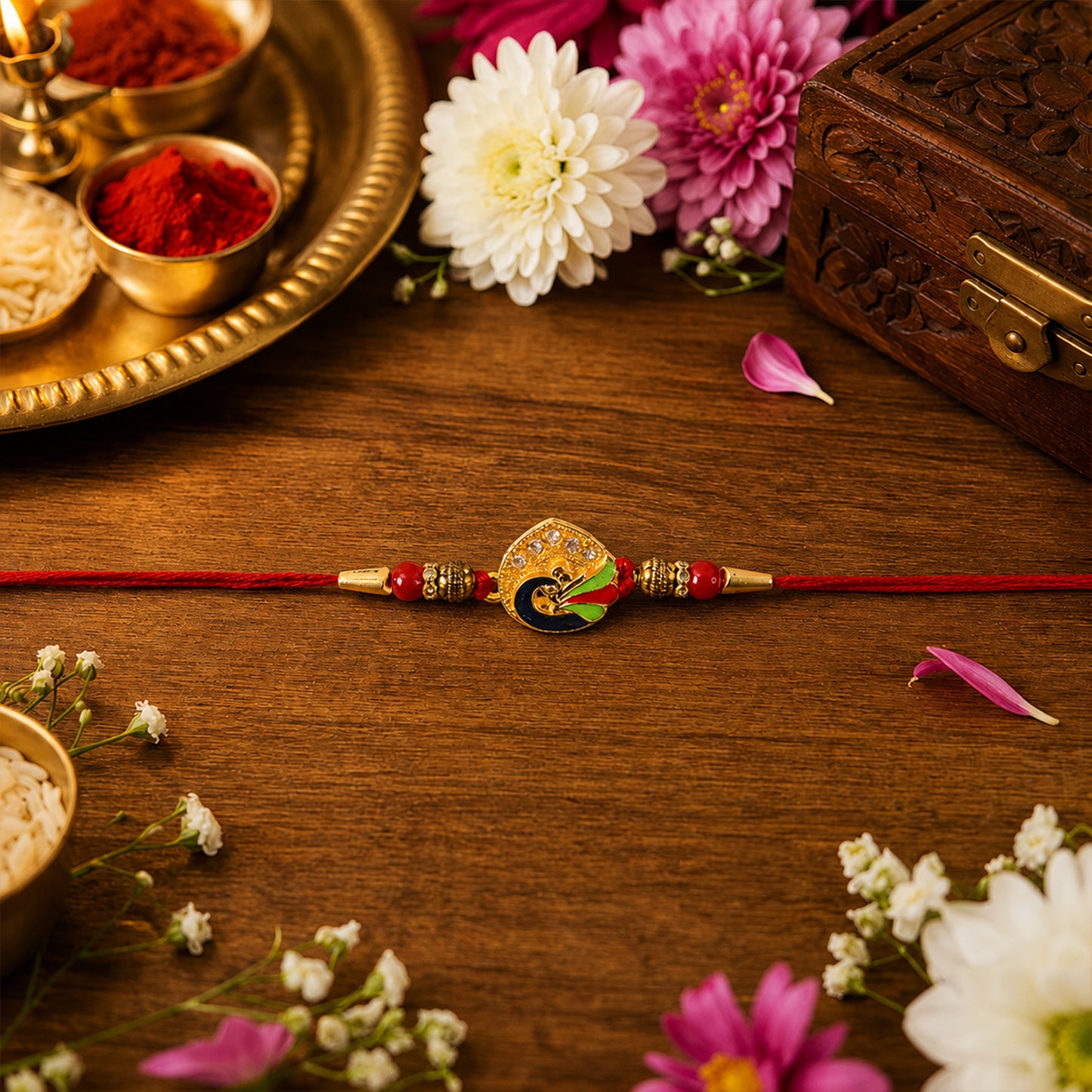 Peacock Feather Rakhi with Red Beads and Cute Mor Charm