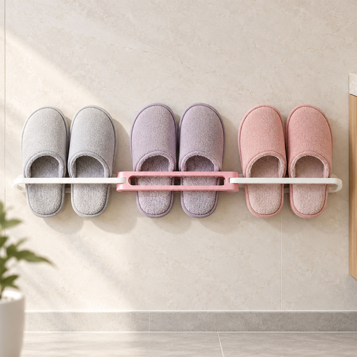 A pink and white folding shoe rack holds three pairs of slippers on a light gray tiled wall.