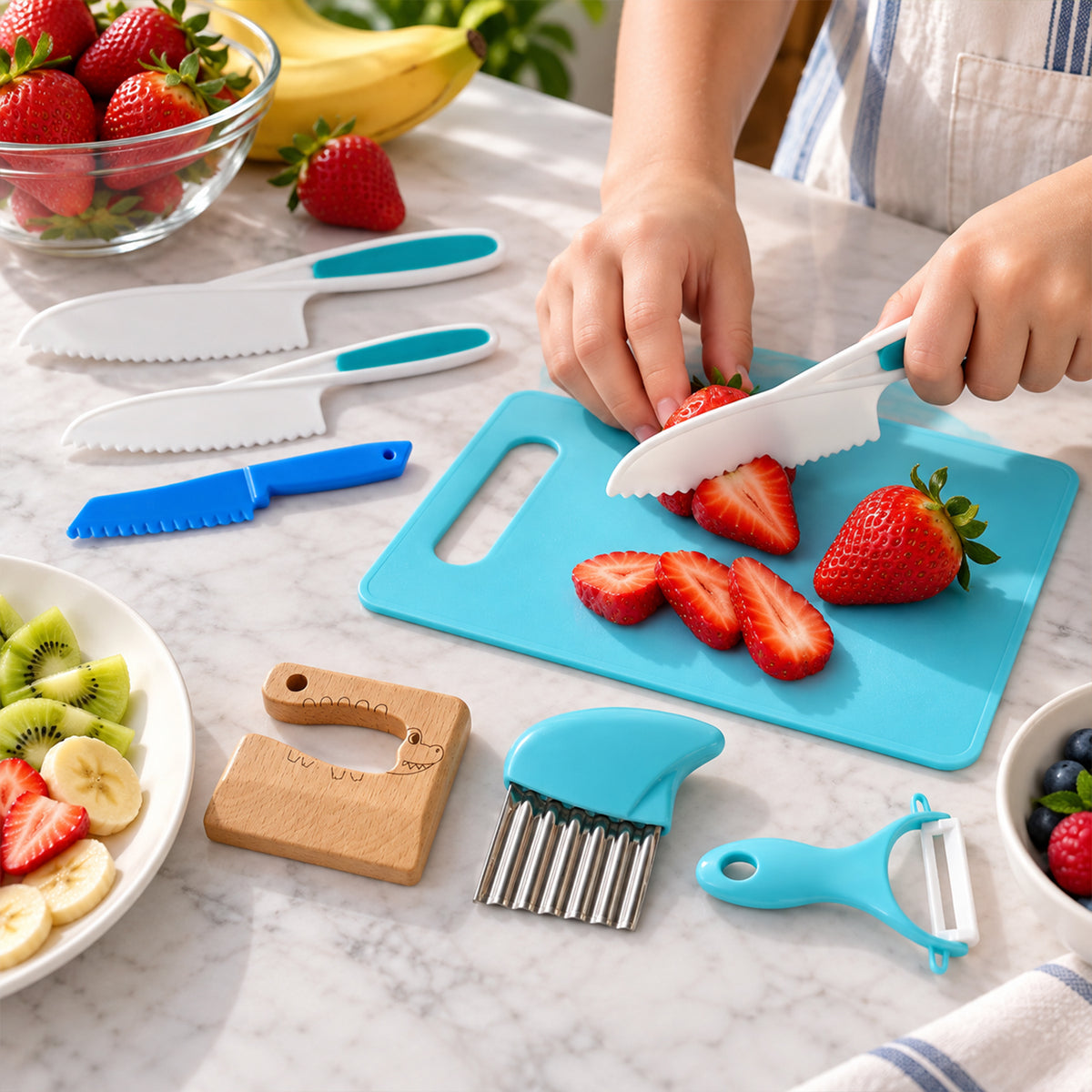 Kids Kitchen Set with Knives, Board, Peeler and Crinkle Cutter (8 In 1)