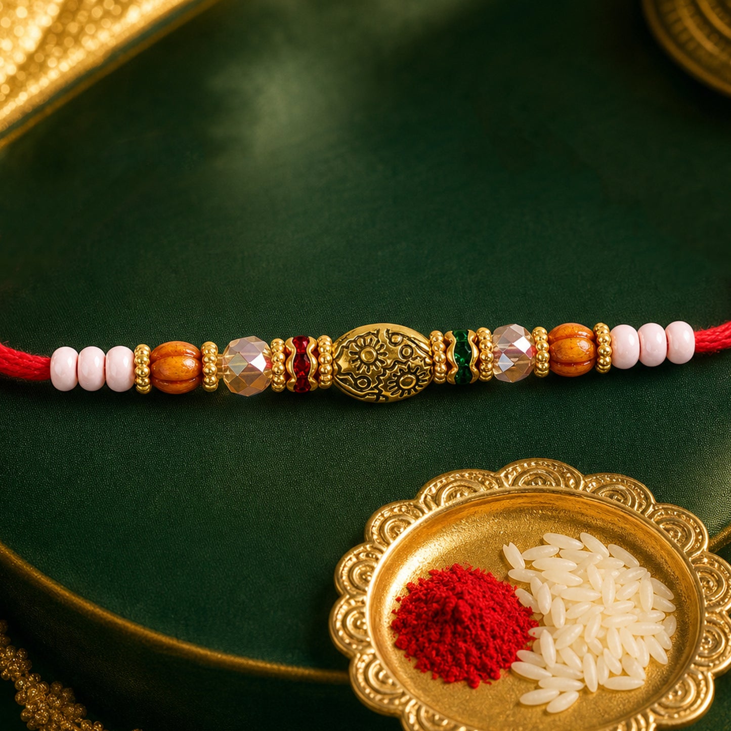Red Thread Rakhi with Floral Gold Oval Charm and Multicolour Beads
