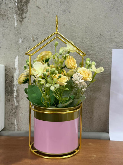 Elegant Yellow Artificial Flower Pot with Golden Metal Stand and Pink Pot | Decorative Faux Plant for Living Room, Bedroom, Office & Tabletop Home Decor | Premium Gift for Housewarming & Festive Decor