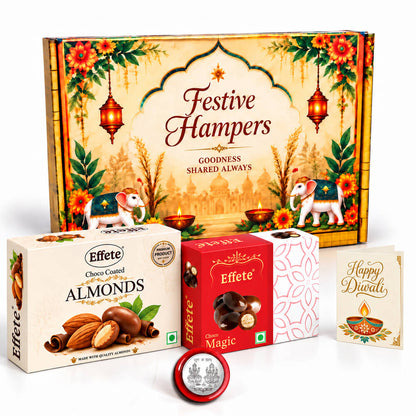 A festive gift box with a decorative lid, two smaller boxes of chocolates, a greeting card, and a silver coin.
