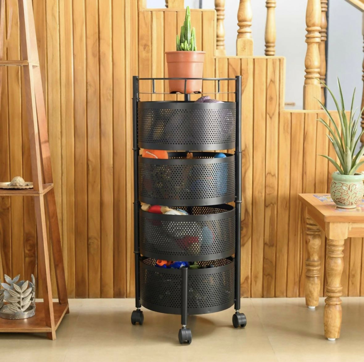 Round 4-Layer Kitchen Trolley with Rust-Resistant Mesh Baskets & 360° Swivel Wheels