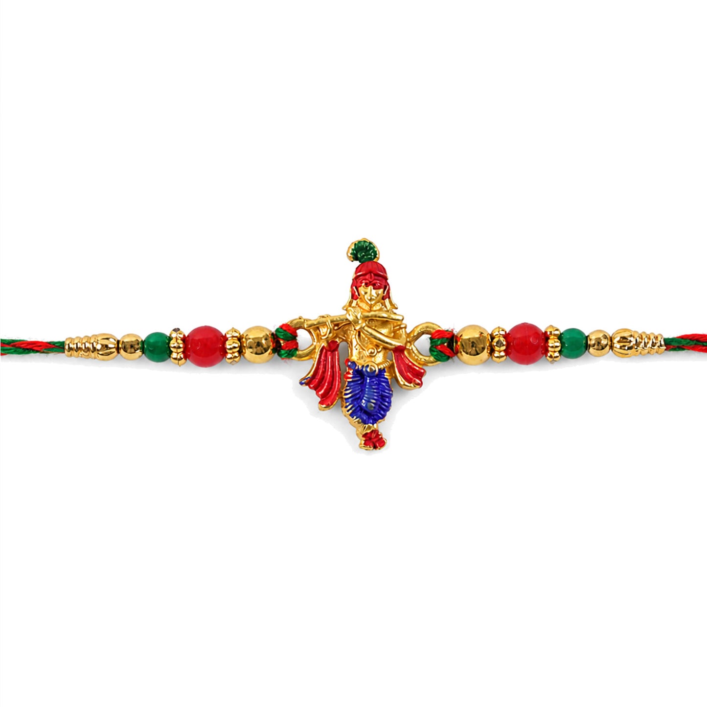Lord Krishna Flute Pendant Rakhi with Red and Green Beads