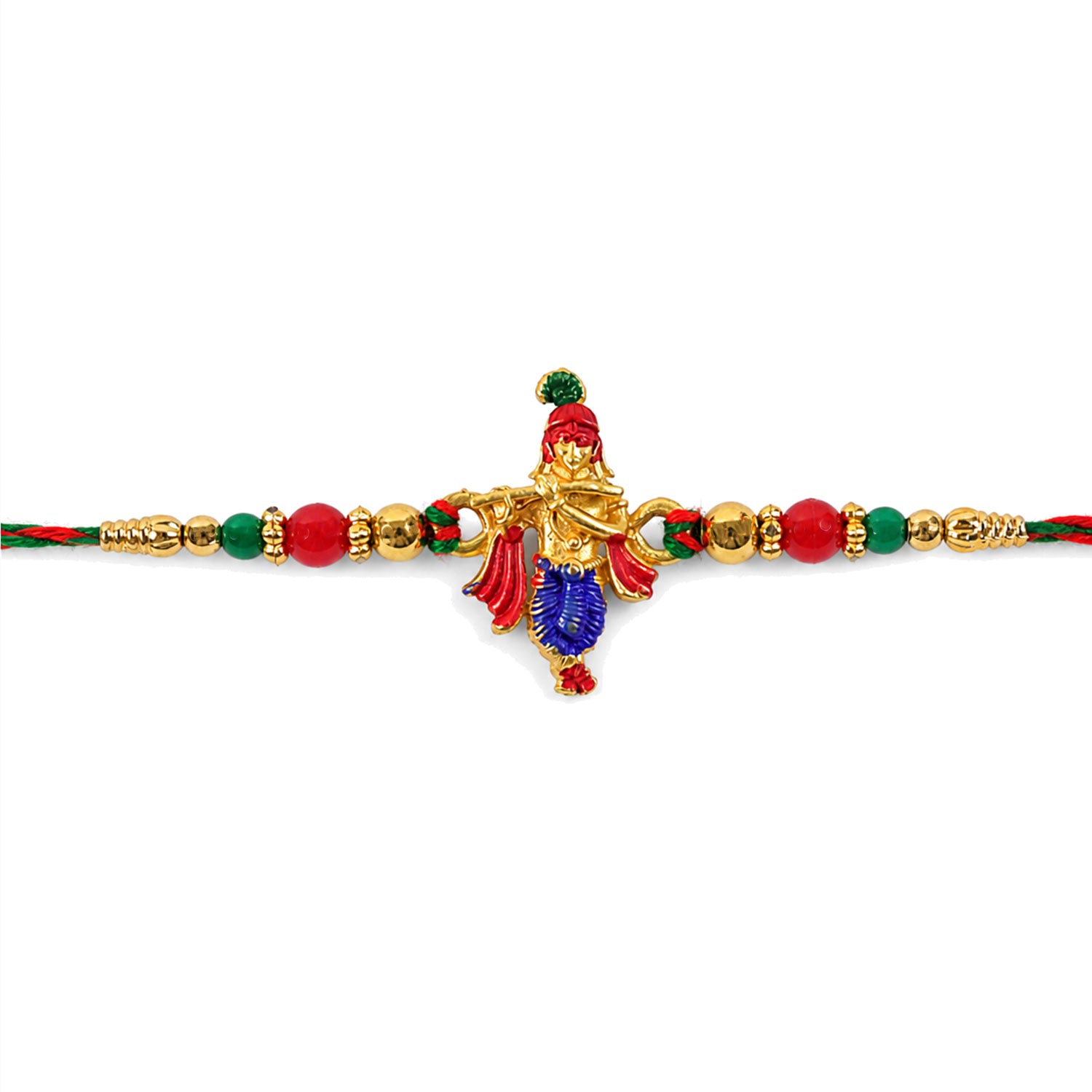 Lord Krishna Flute Pendant Rakhi with Red and Green Beads