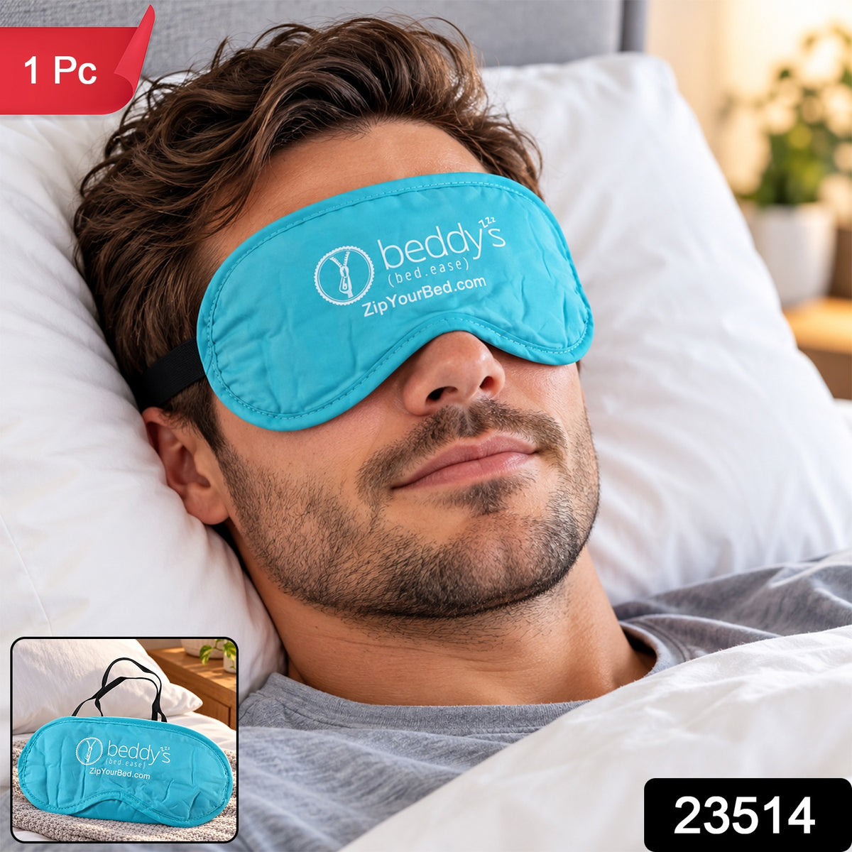 A man sleeps on a white pillow, wearing a teal quilted eye mask with a white logo. A small inset shows the mask folded.