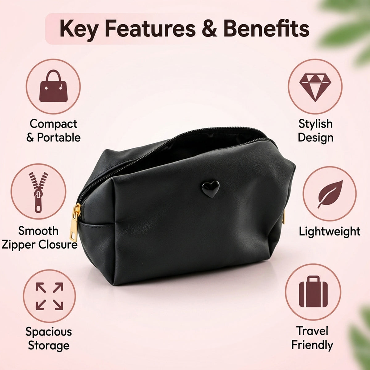 Black Faux Leather Zipper Makeup Pouch with Heart Detail (1 Pc)
