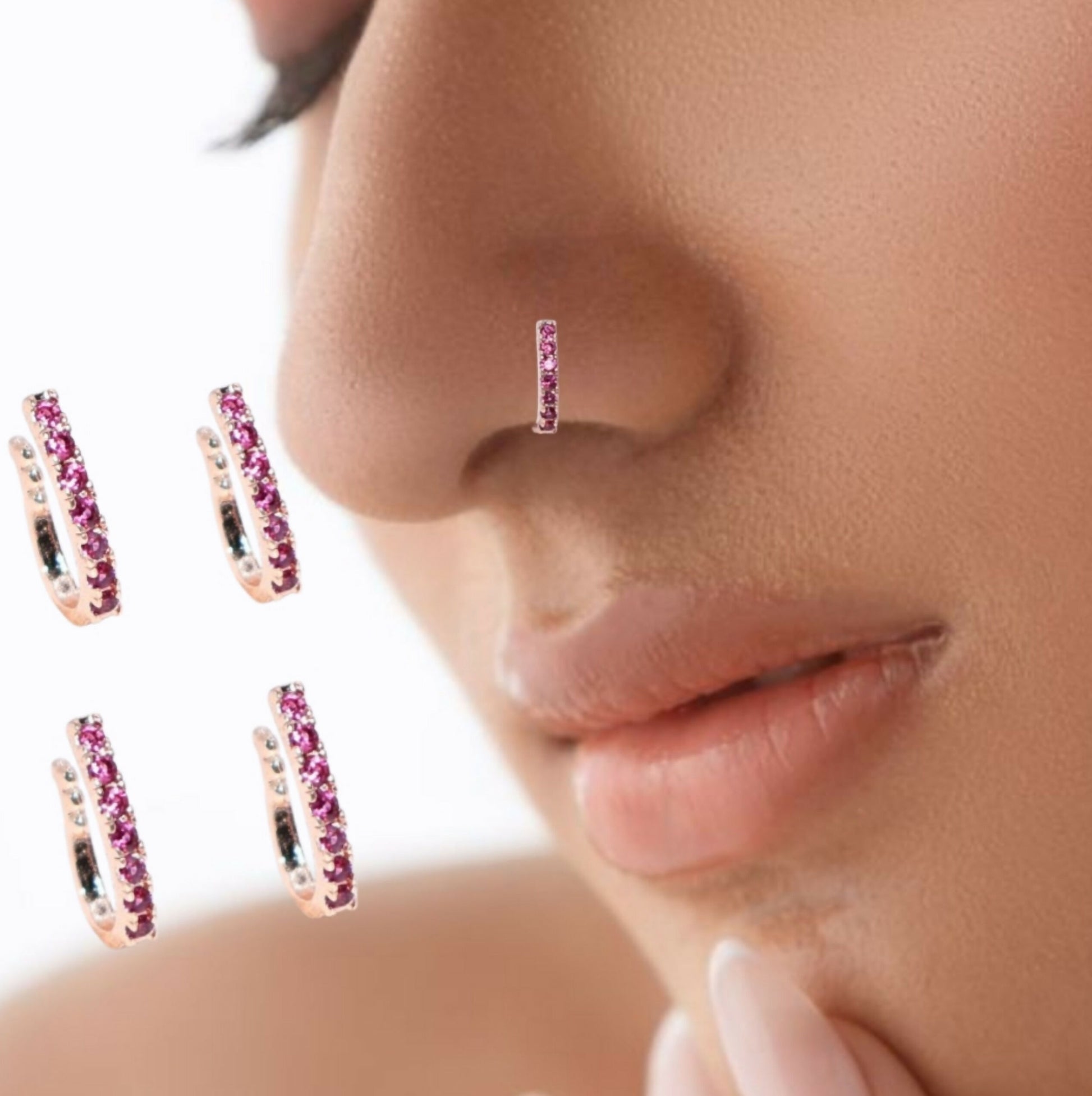 Rose Gold Pink CZ Double Row Non-Pierced Nose Cuff/Ring Combo Pack of 4