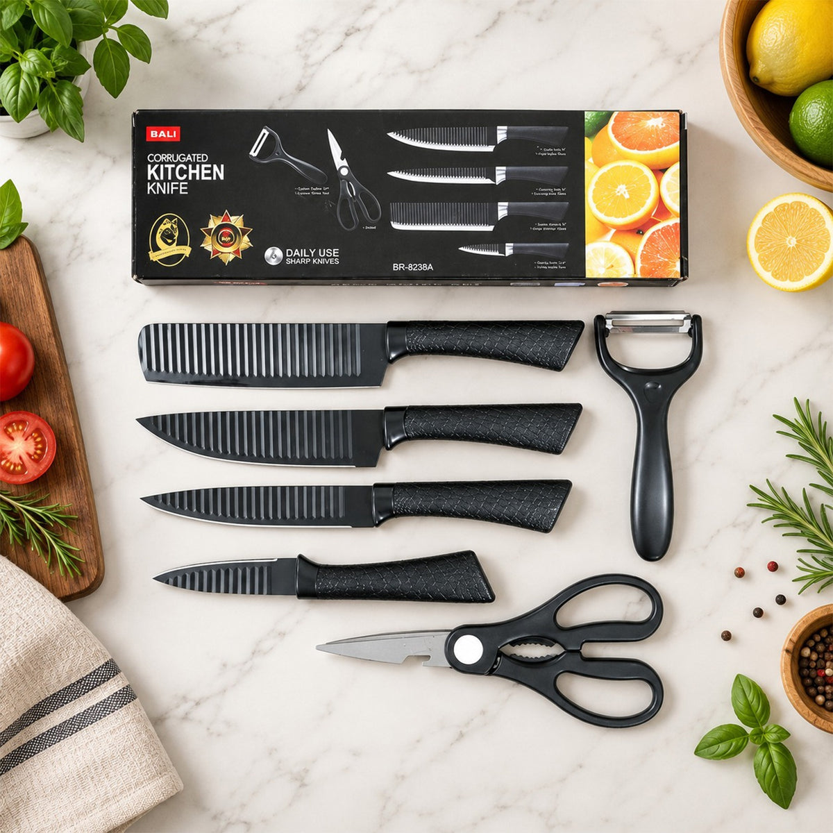 6 in 1 Kitchen Knife Set with Scissors and Peeler for Daily Cooking (6 Pc Set)