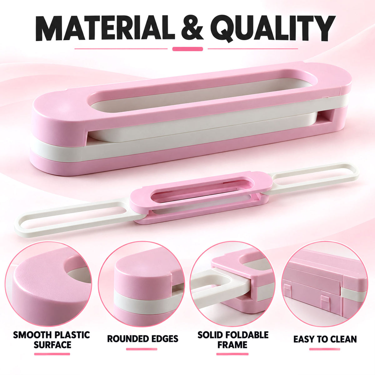 Two pink and white plastic shoe racks, one folded and one extended, with text describing features.