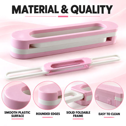 Two pink and white plastic shoe racks, one folded and one extended, with text describing features.
