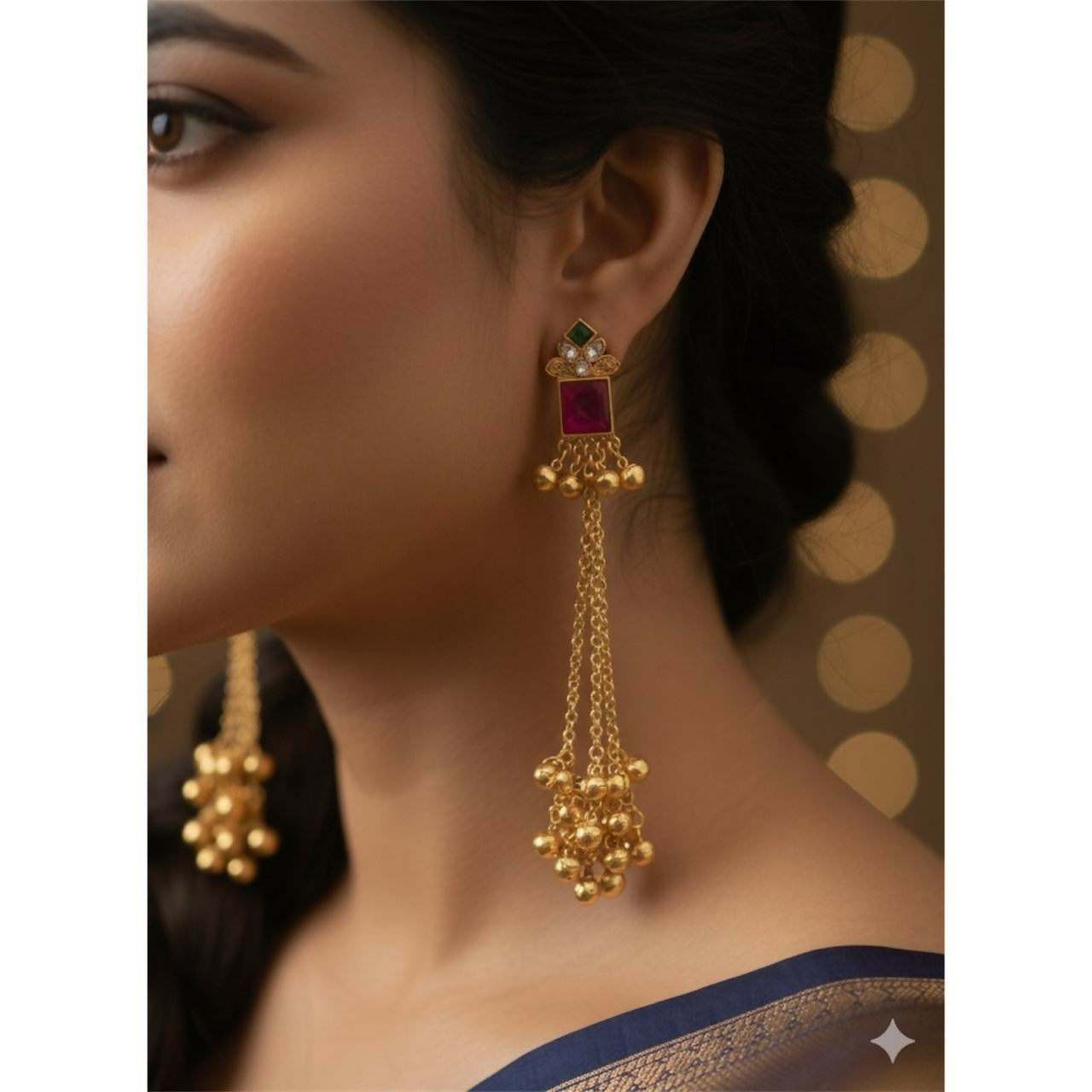 Pink Stone Kashmiri Long Chain Ghungroo Earrings.