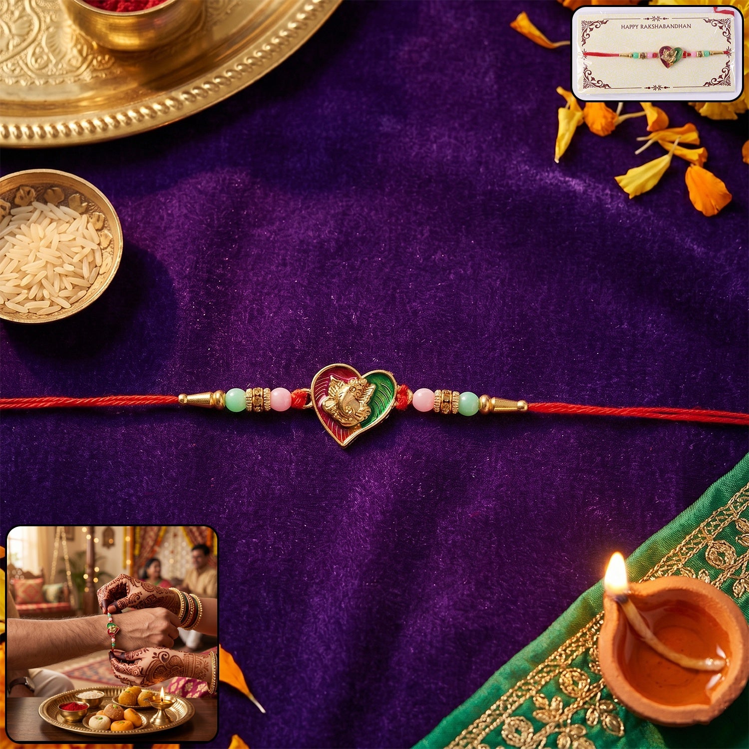 Close-up of decorative beads on Lord Ganesha Rakhi