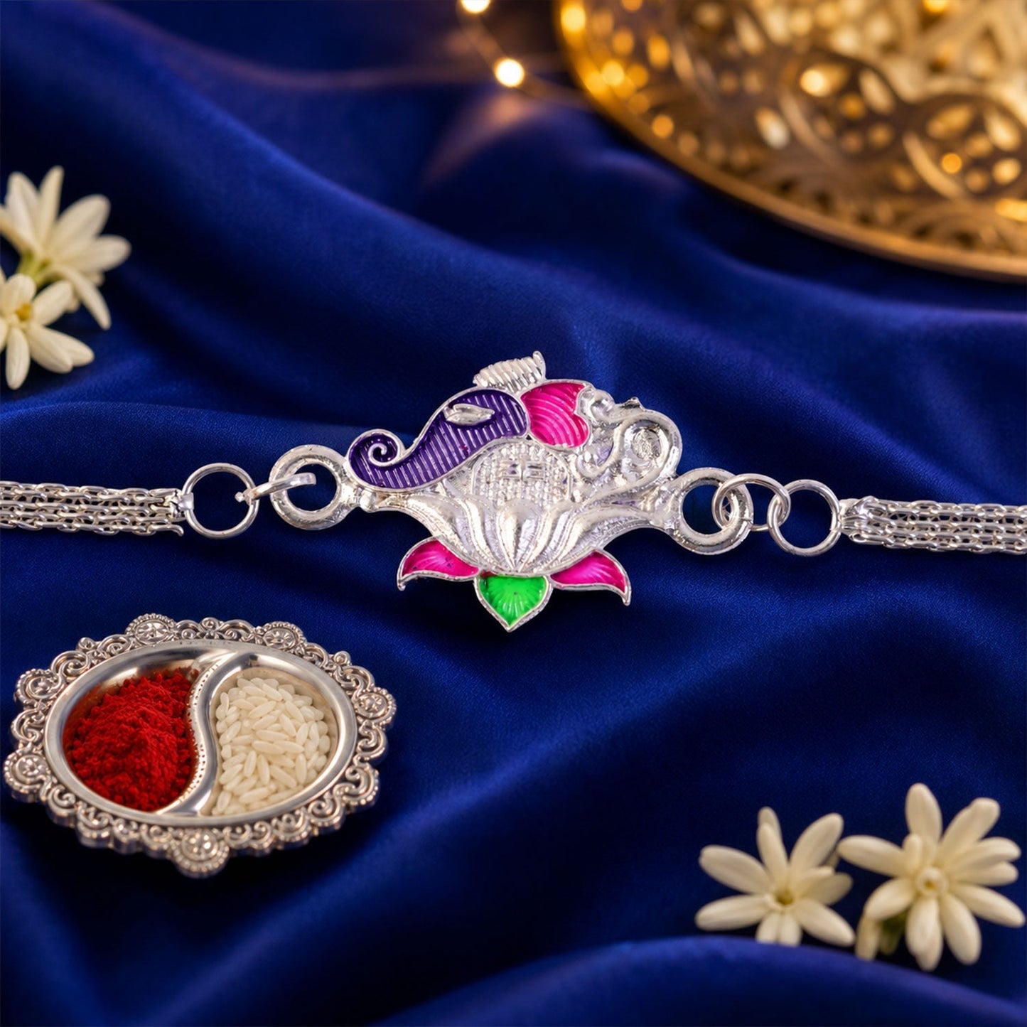 Lotus Kalgi Meenakari Silver Chain Rakhi for Brother (5pcs)