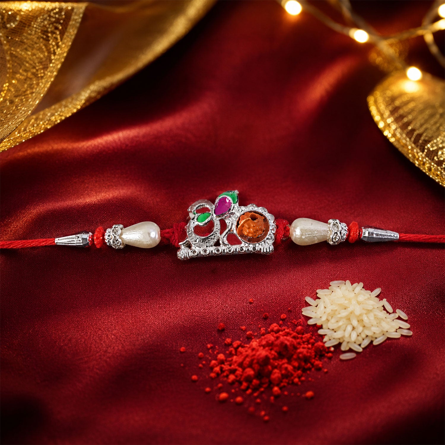 Red Gold Floral Om Rakhi with White Pearls and Orange Stone Center