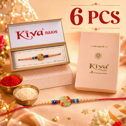 Royal Turquoise Meenakari Floral Rakhi for Brother with Pearls & Beads