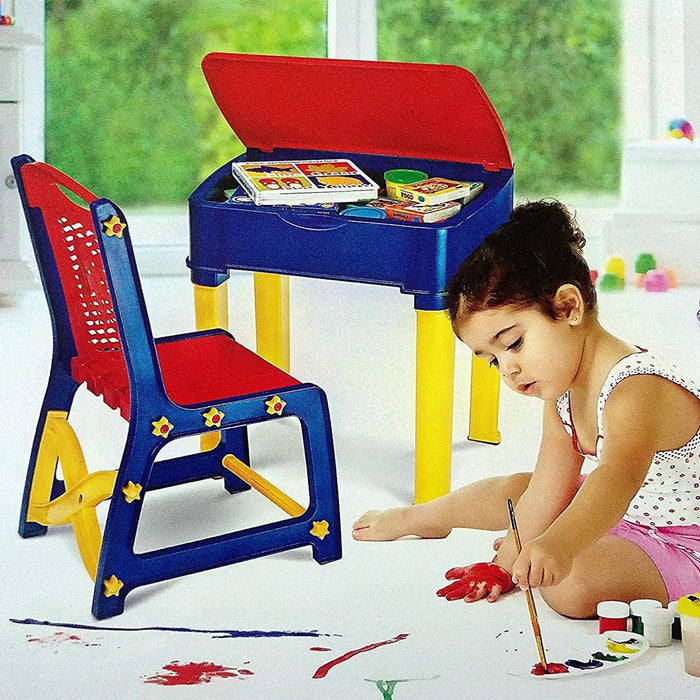 4594सी लड़कों और लड़कियों के लिए स्टडी टेबल और कुर्सी सेट, पेंसिल के लिए छोटे बॉक्स के साथ प्लास्टिक उच्च गुणवत्ता वाली स्टडी टेबल (लाल/नीला/पीला)