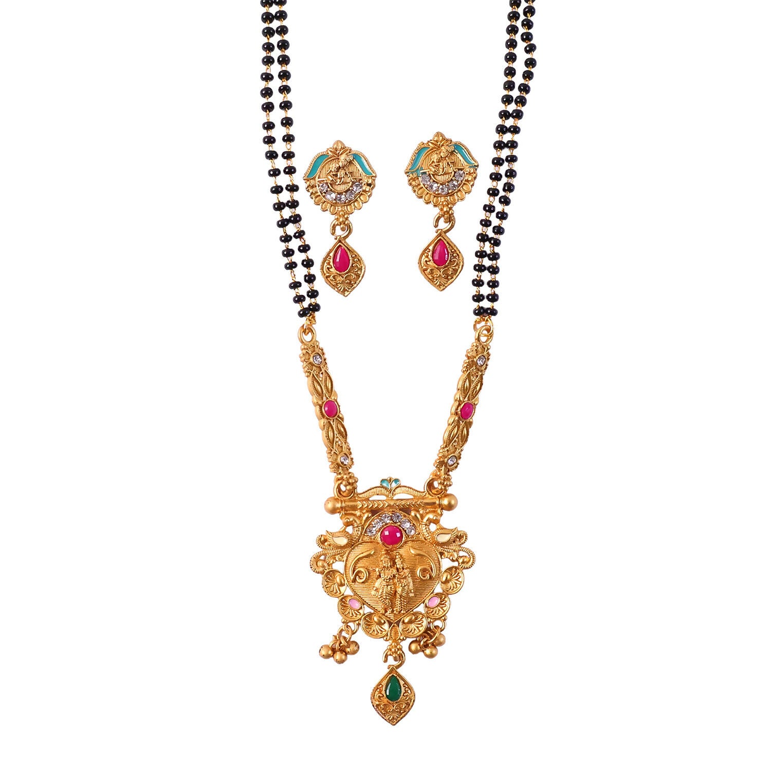 Antique Finish Radha Krishna Deity Medallion with Teal Enamel Drop Earring Set Double Strand Mangalsutra