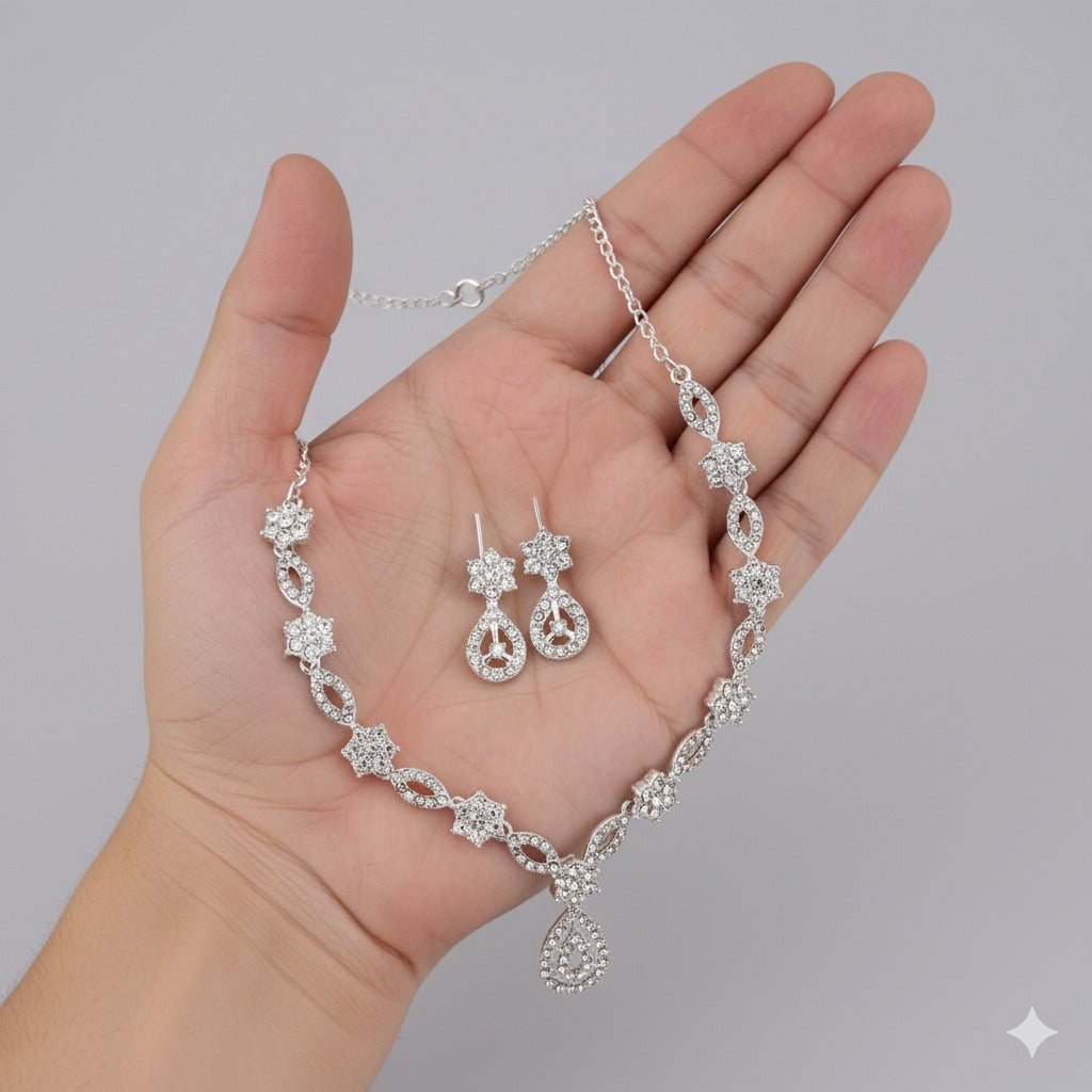 Elegant Crystal & Enamel Leaf Link Necklace Set with Pearl Drop (Multiple Colors)