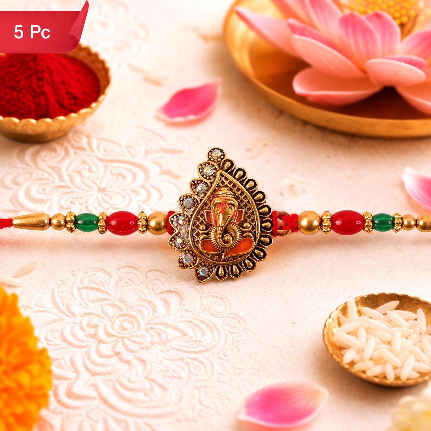 Antique Golden Ganesha Rakhi with Red & Green Beads and Crystals (5pcs)