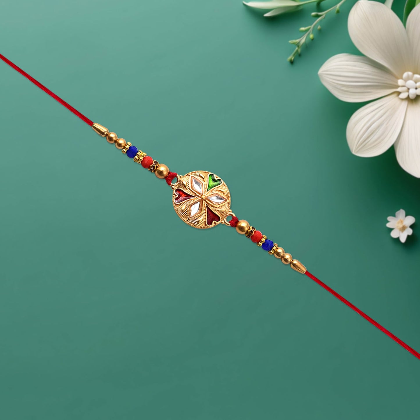 Floral Rakhi with Mirror Work Colorful Beads on Red Thread (10pcs)