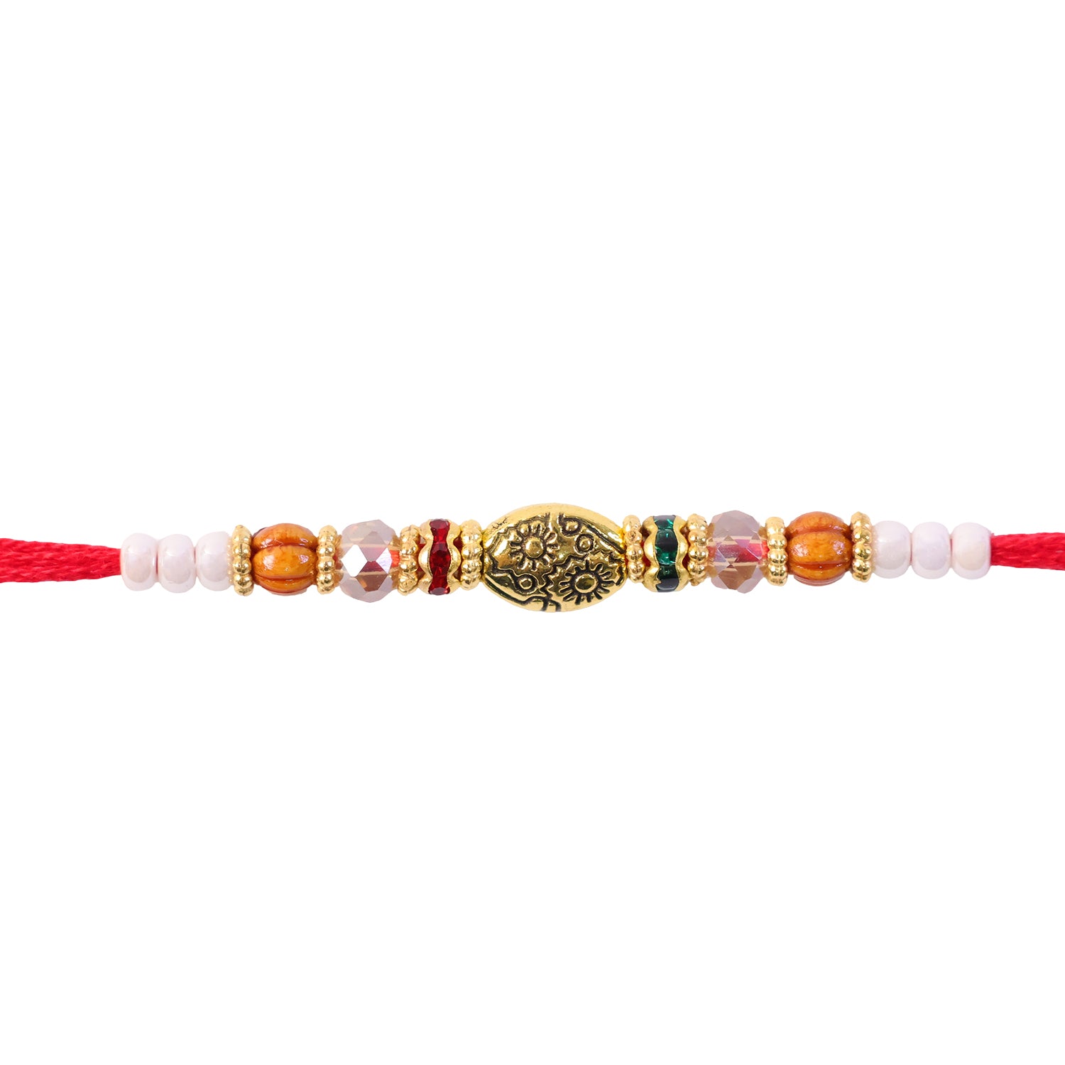 Red Thread Rakhi with Floral Gold Oval Charm and Multicolour Beads